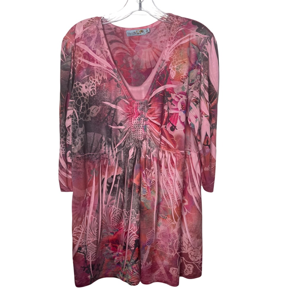 Unity‎ World Wear Woman Pink Abstract Floral Studded Tunic Top 1X